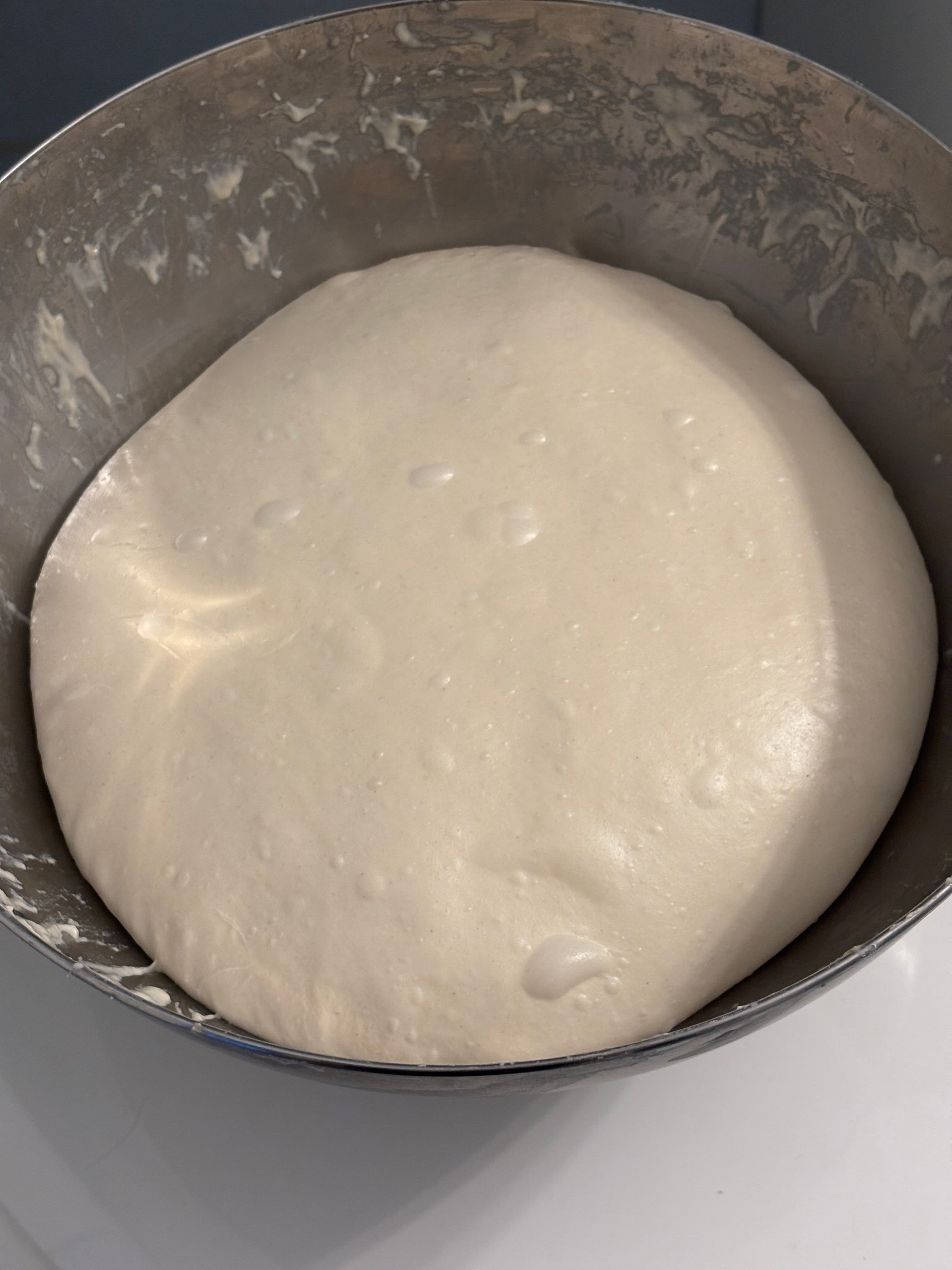 Bubbly dough showing bulk fermentation cues along the sides.