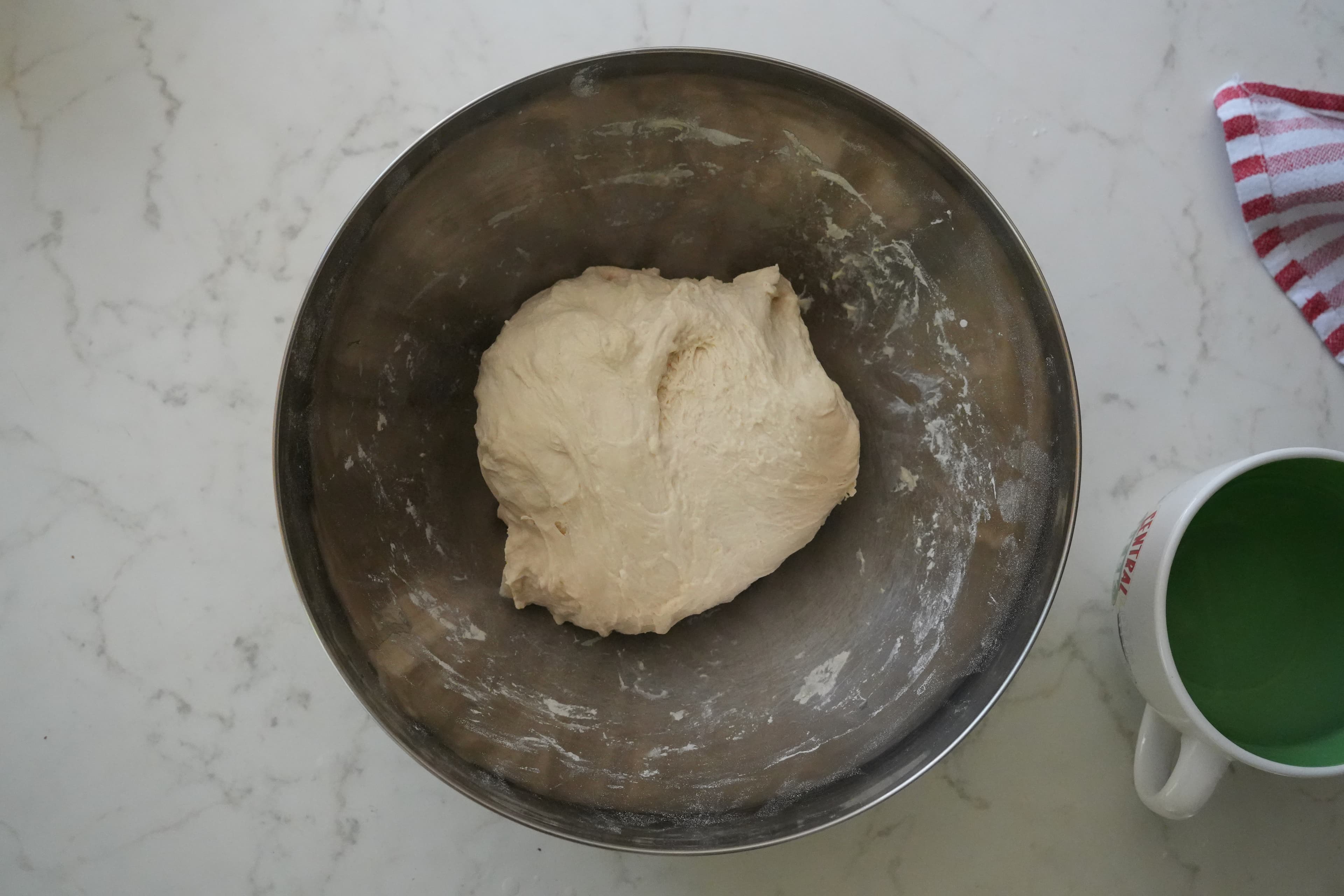 Dough after stretch and folds, showing more structure.